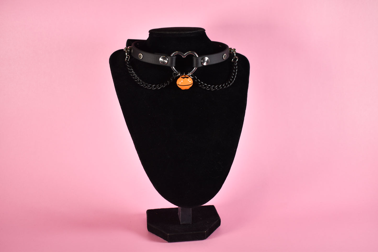 Halloween 2025 - Pumpkin Silver Heart Black Biothane Chain Choker