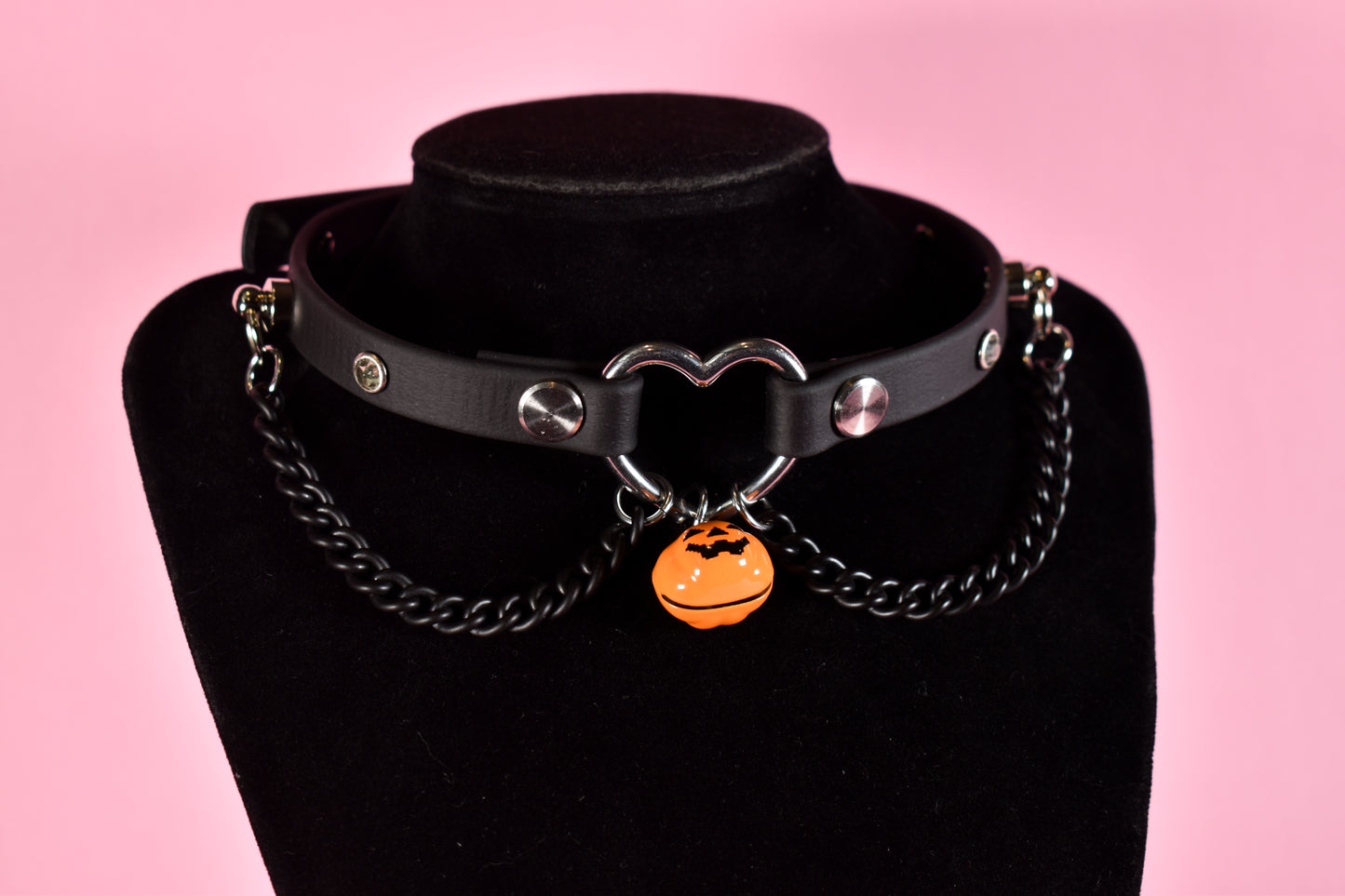 Halloween 2025 - Pumpkin Silver Heart Black Biothane Chain Choker