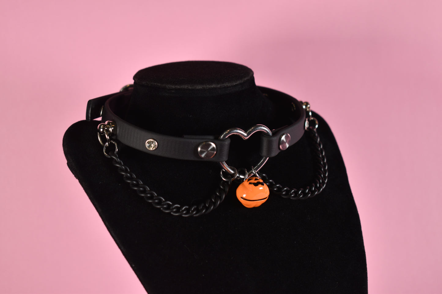 Halloween 2025 - Pumpkin Silver Heart Black Biothane Chain Choker