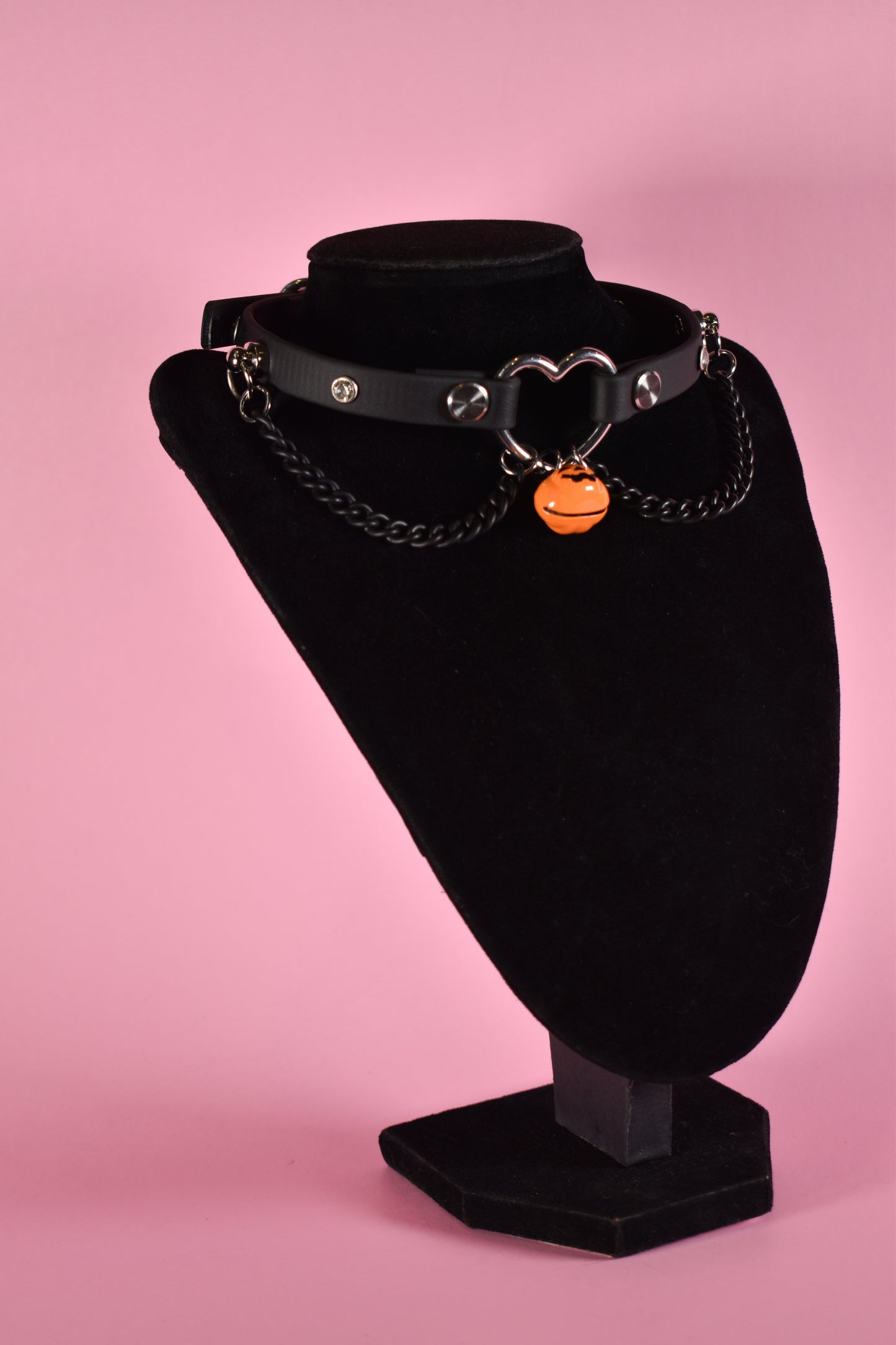 Halloween 2025 - Pumpkin Silver Heart Black Biothane Chain Choker