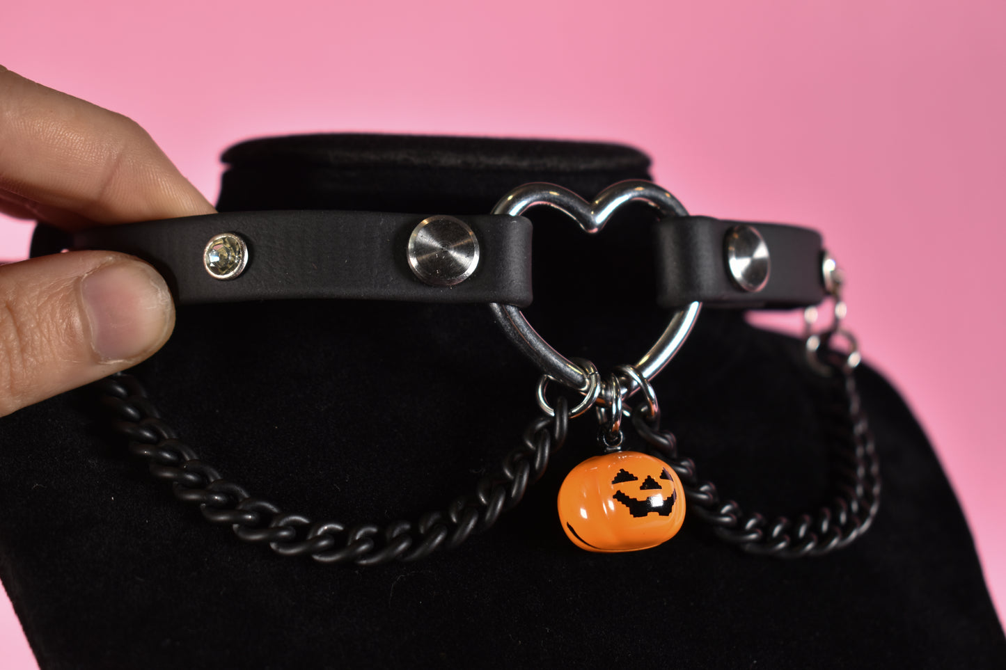 Halloween 2025 - Pumpkin Silver Heart Black Biothane Chain Choker