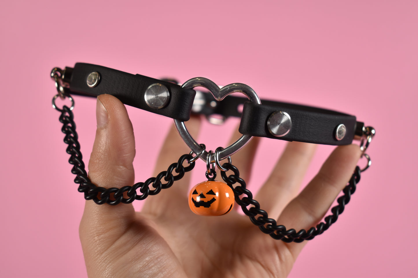 Halloween 2025 - Pumpkin Silver Heart Black Biothane Chain Choker