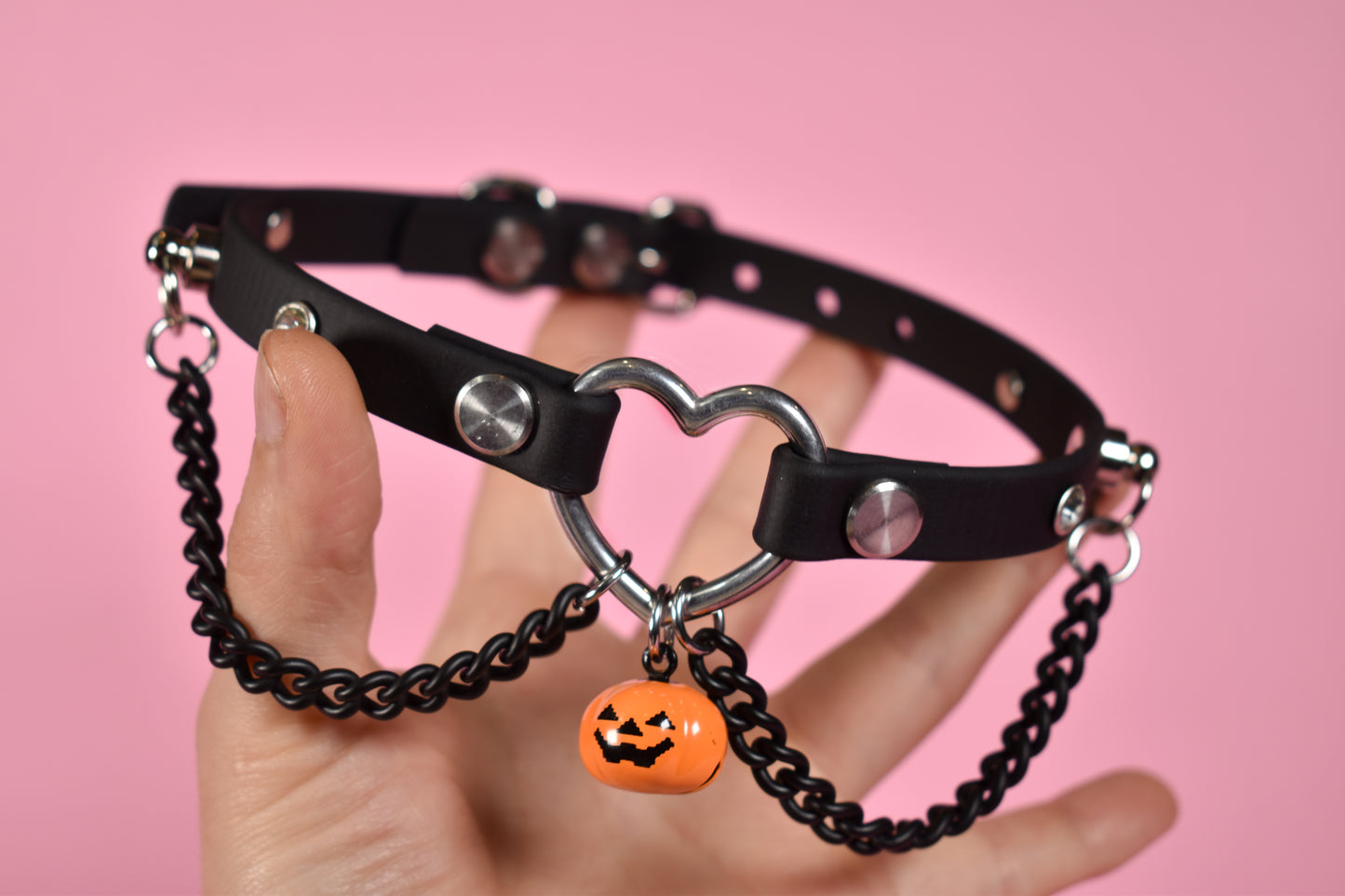Halloween 2025 - Pumpkin Silver Heart Black Biothane Chain Choker