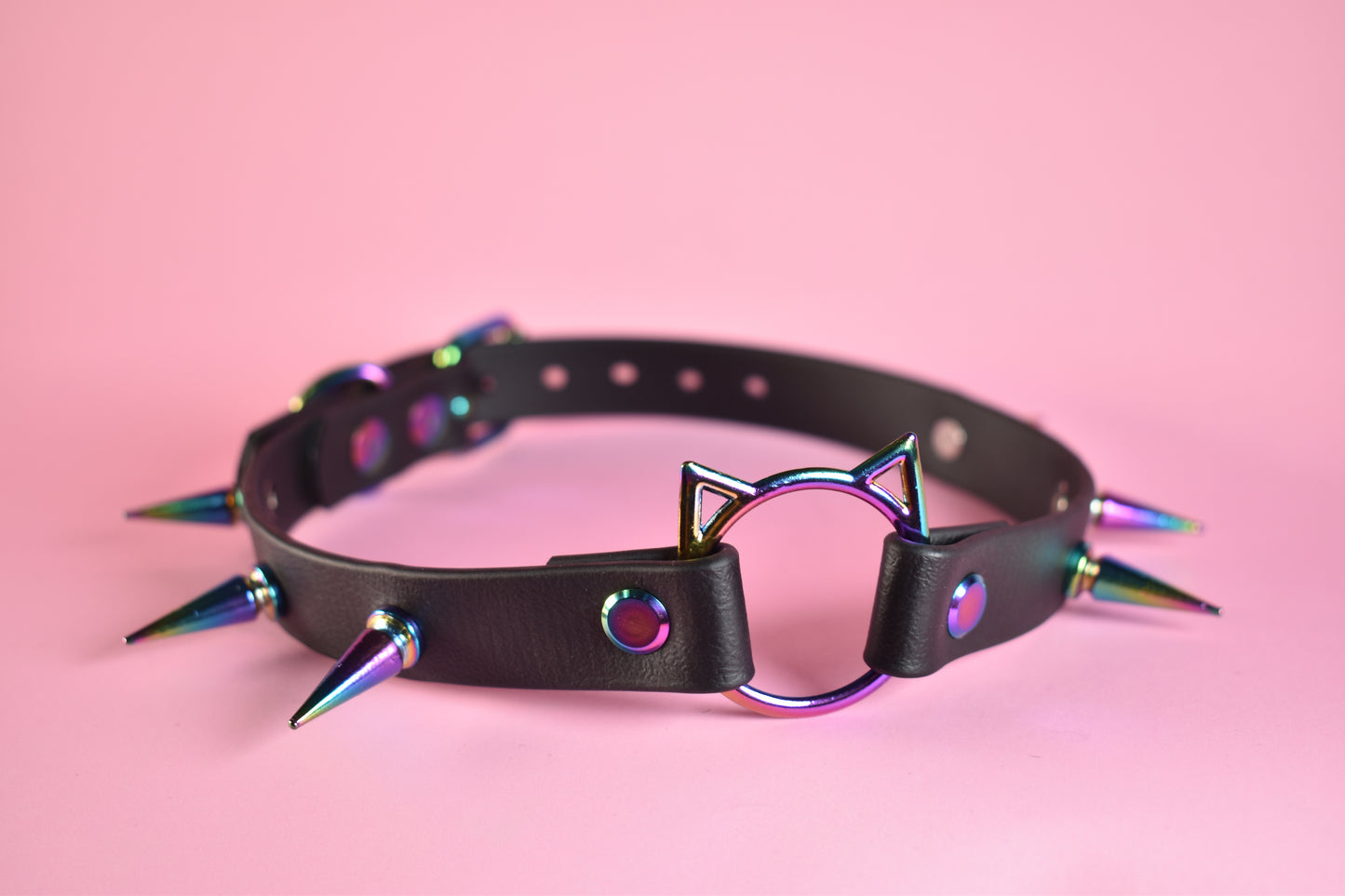 Rainbow Kitty Spiked Biothane Choker