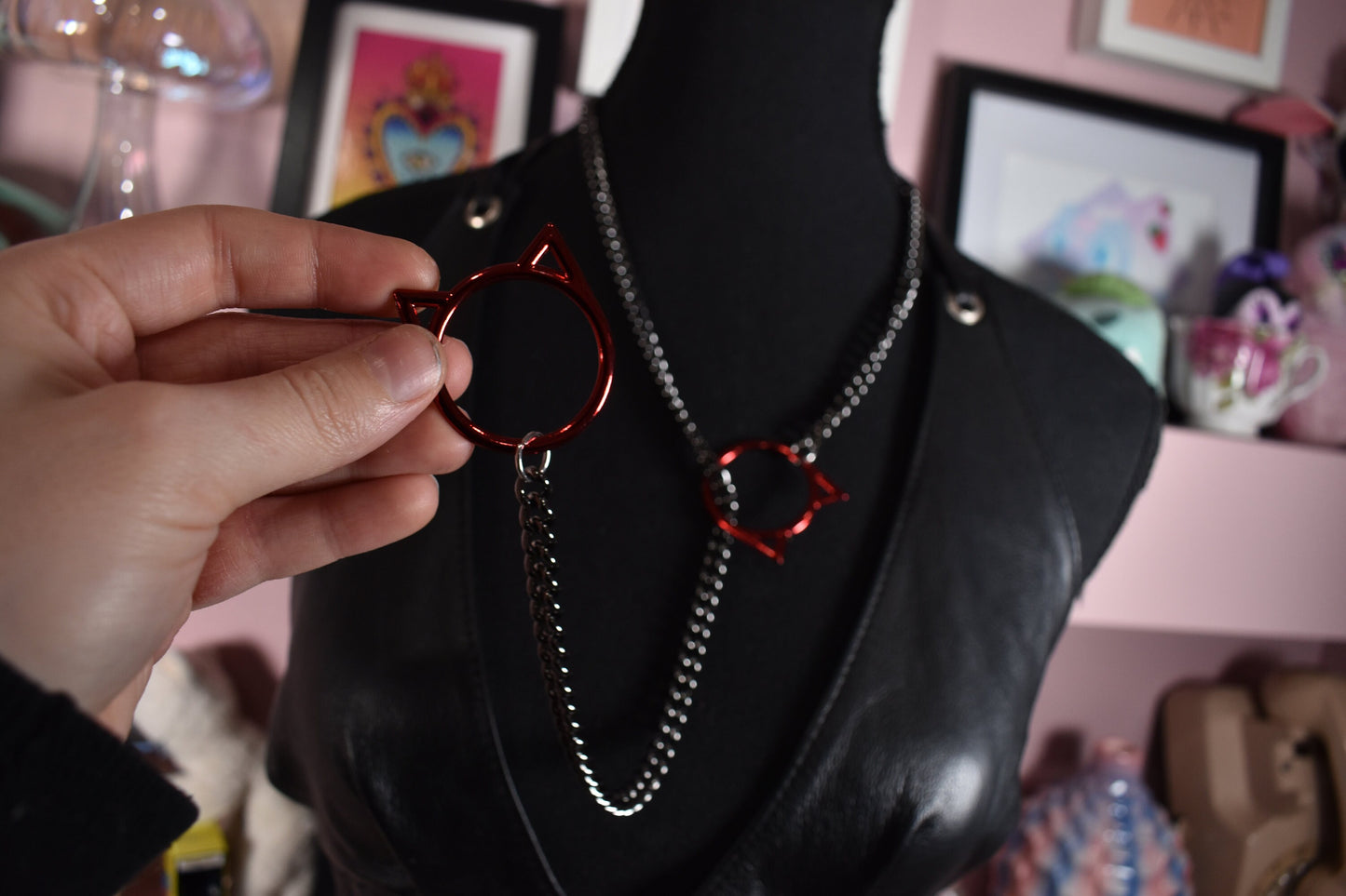 Gunmetal + Red Kitty Ring Slip Chain