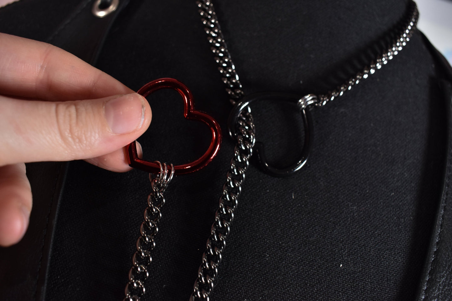 Half And Half Gunmetal + Red/black Heart Ring Slip Chain
