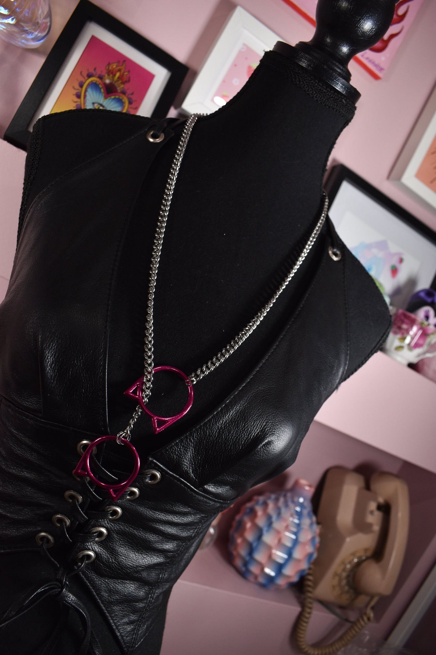 Silver + Hot Pink Kitty Ring Slip Chain