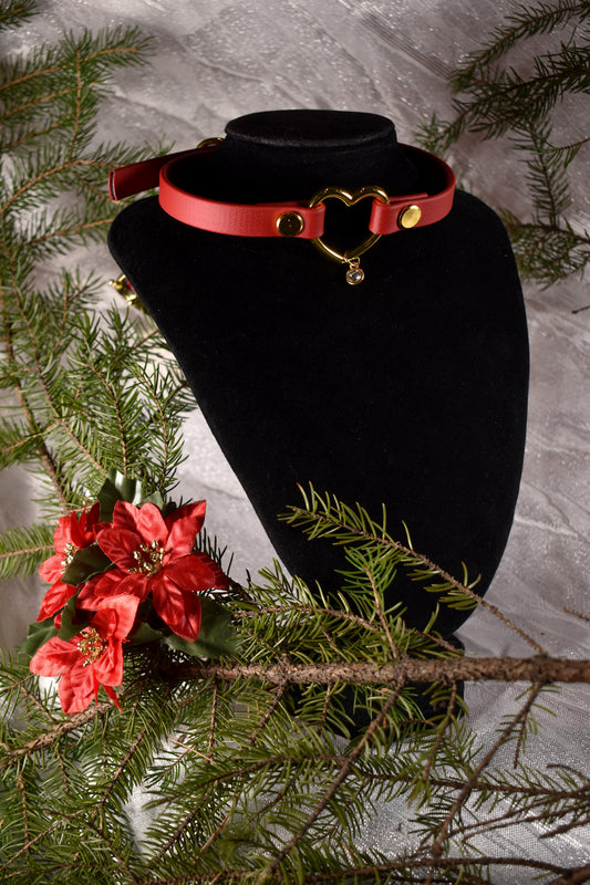 Red and Golden Heart Biothane Choker  - Festive Collection 2025