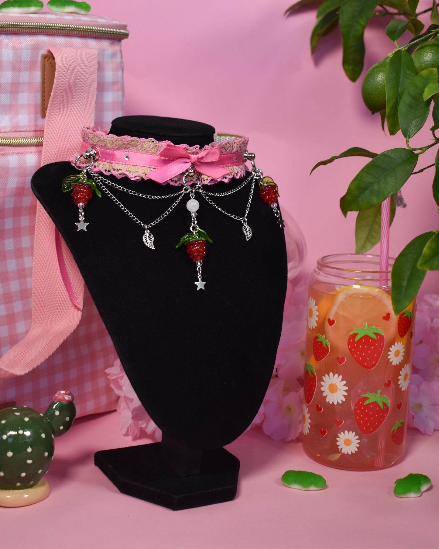 Pistachio Raspberry cake lace choker-Spring Collection