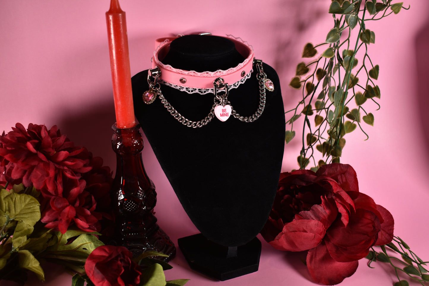 Pink Candy hearts Biothane choker  - Valentine's collection 2026
