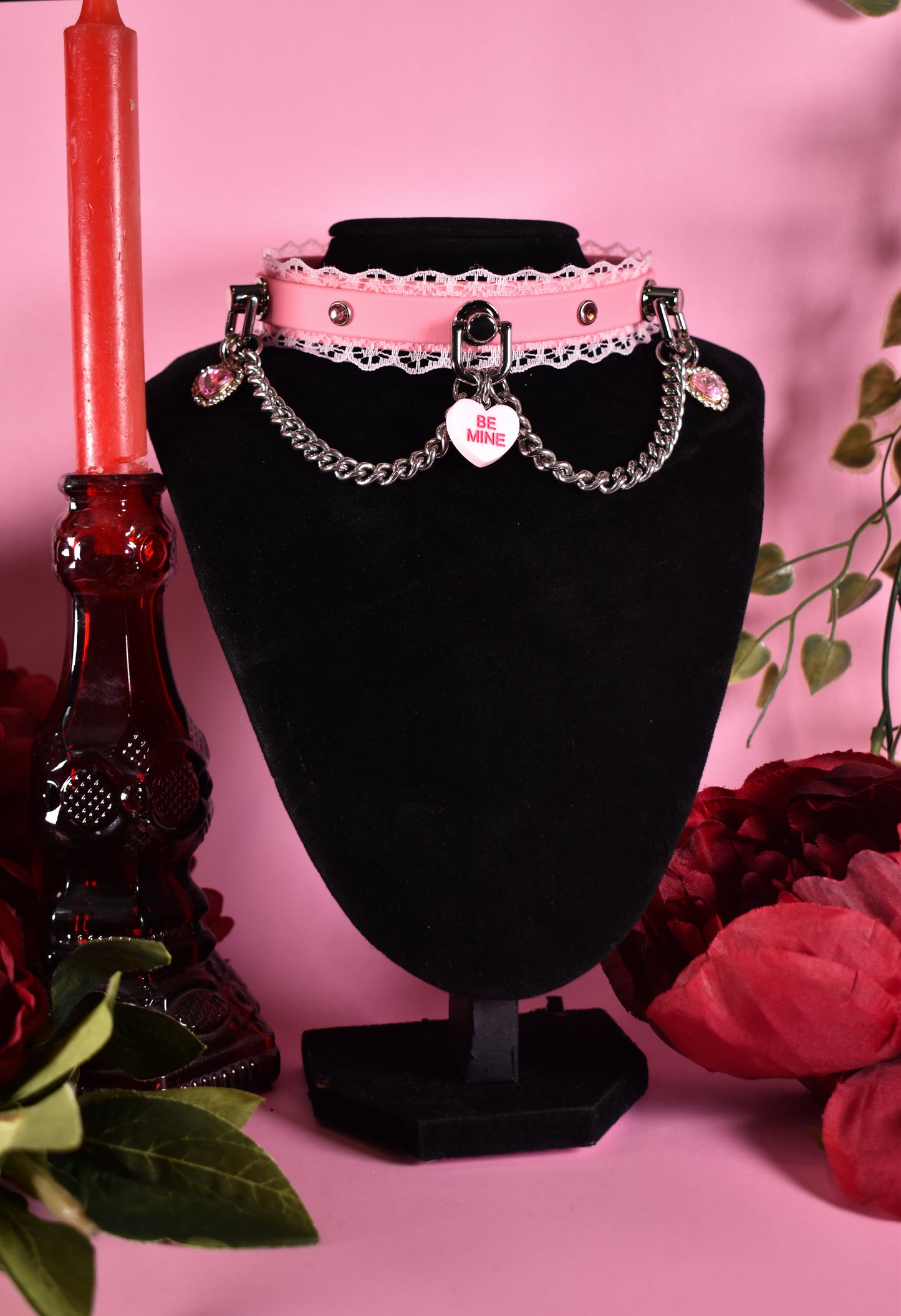 Pink Candy hearts Biothane choker  - Valentine's collection 2026