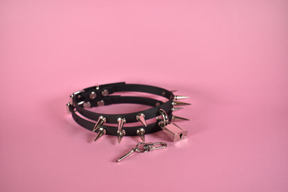 Double Layer Black and silver spiked Biothane choker
