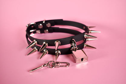 Double Layer Black and silver spiked Biothane choker