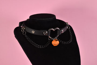 Halloween 2025 - Pumpkin Silver Heart Black Biothane Chain Choker