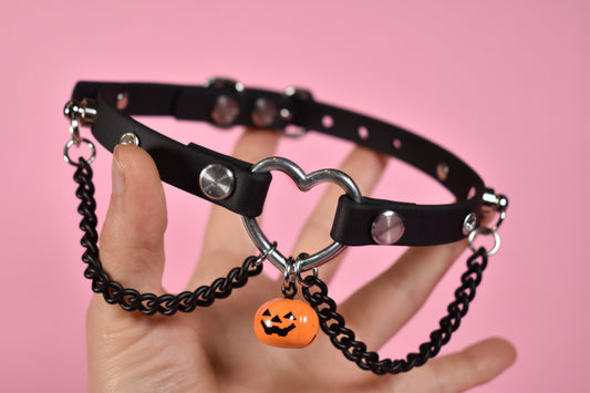 Halloween 2025 - Pumpkin Silver Heart Black Biothane Chain Choker