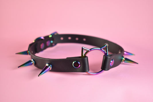 Rainbow Kitty Spiked Biothane Choker