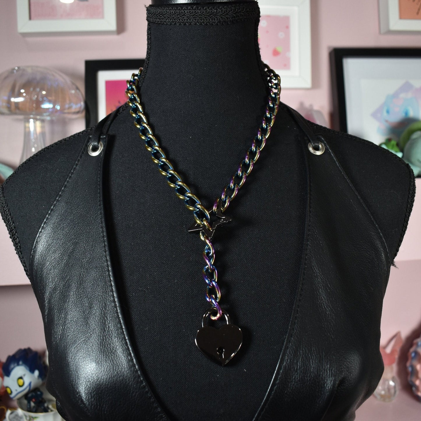 Heavy Duty Rainbow And Gunmetal Heart Lockable Slip Chain / Tug Proof Version