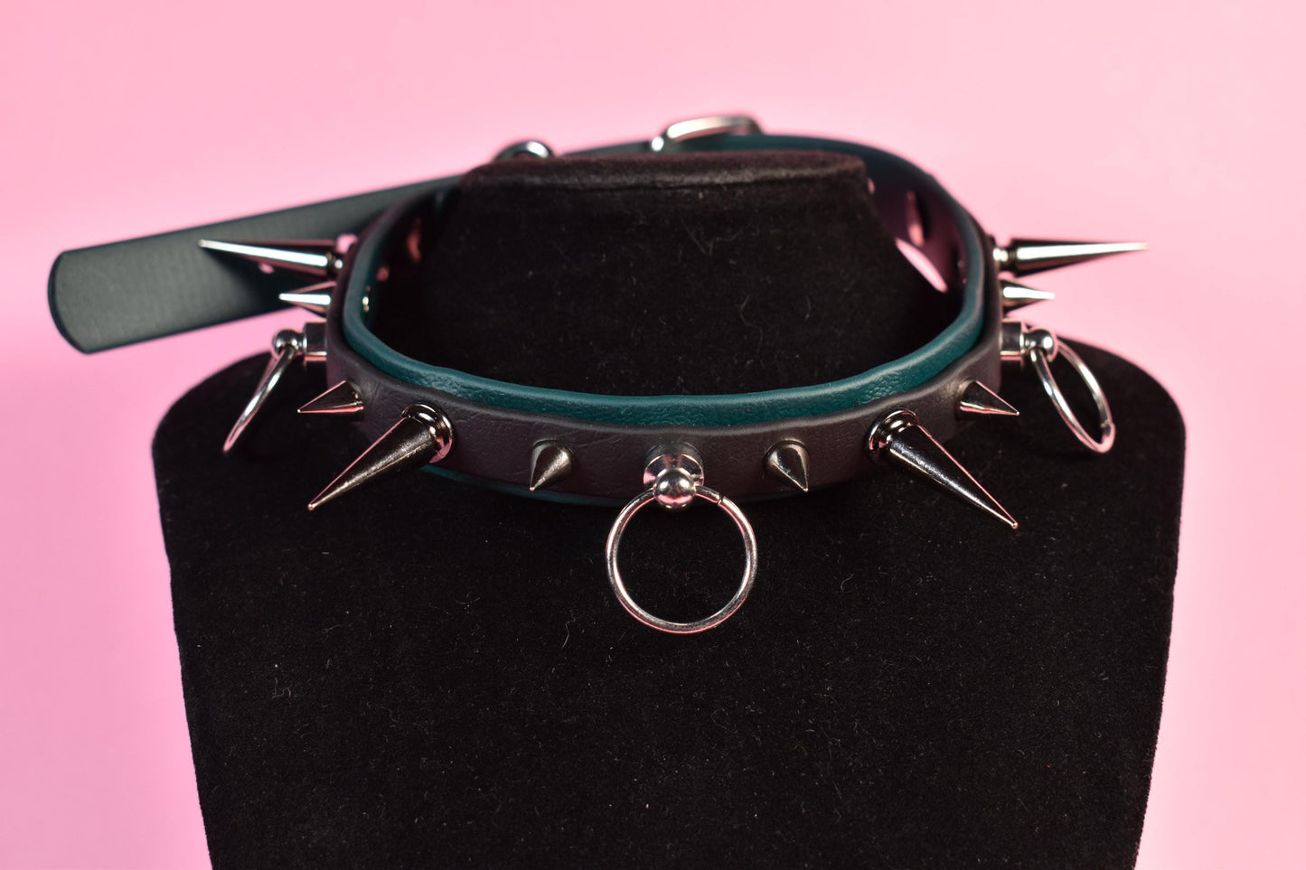 Black and green puppy style spiked biothane choker