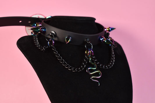 Black and rainbow snake spiked biothane choker