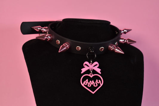 Black and pink coquette spiked biothane choker
