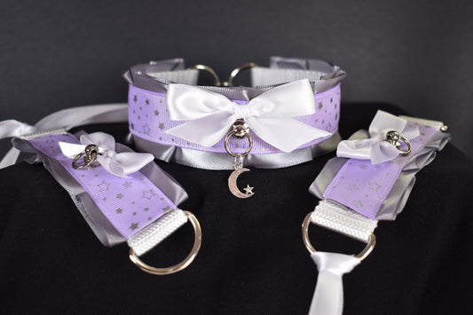 Made to your size / Purple moon set / kink positive / collar + cuffs / pet play necklace / fancy bdsm / DDLG gift / sexy